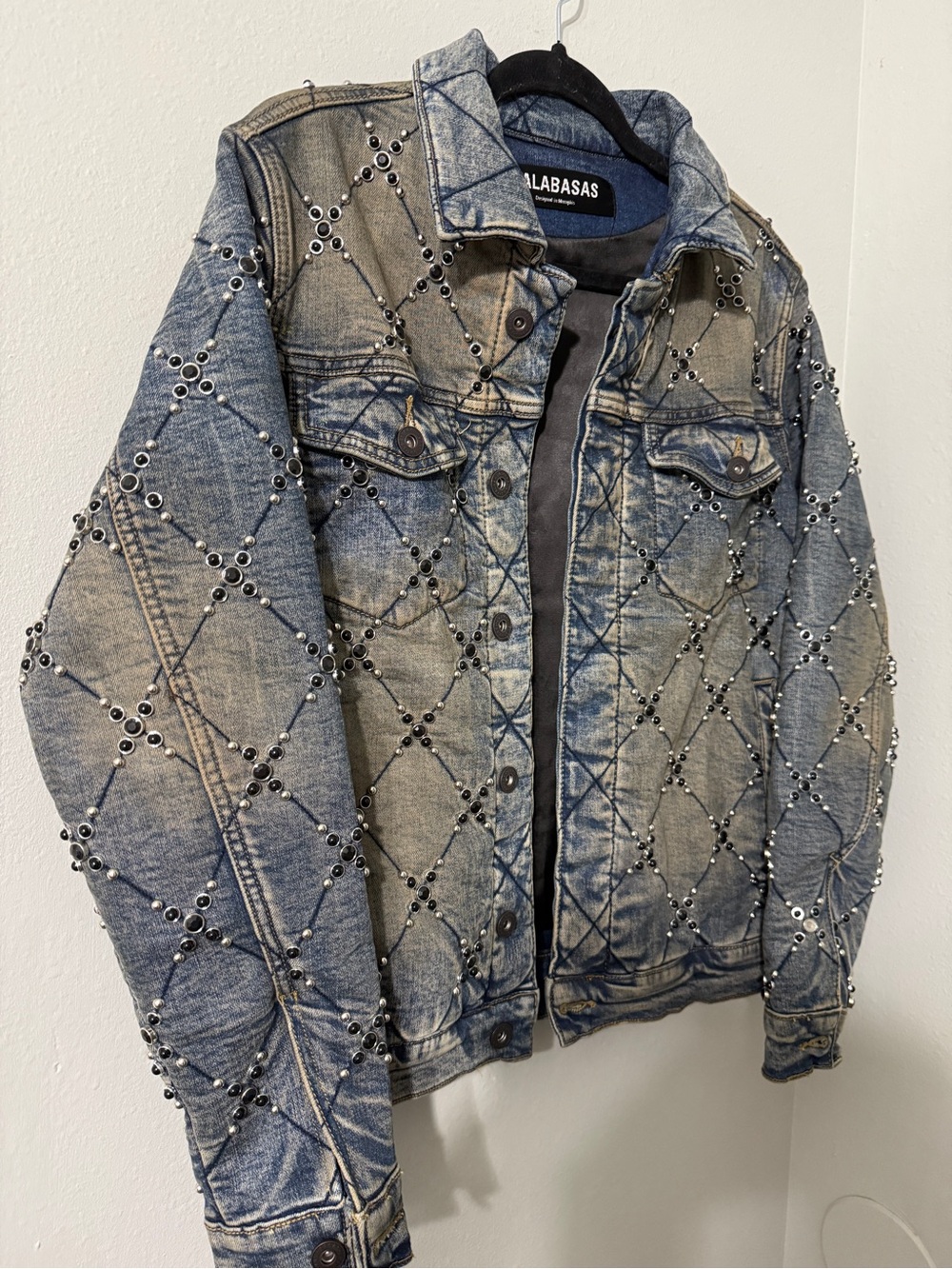 VALABASAS Men's Distressed Studded Quilted Jean Denim Jacket Blue S